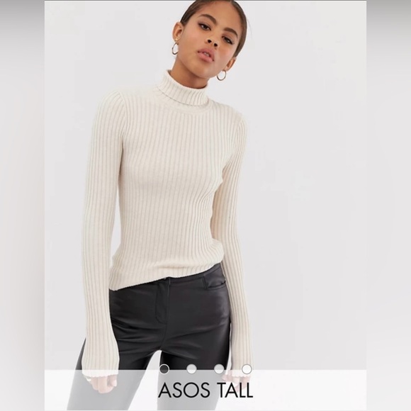 ASOS DESIGN Tall Roll Neck Sweater in Fine Knit Rib | Cream | Size 10 | - Picture 1 of 7